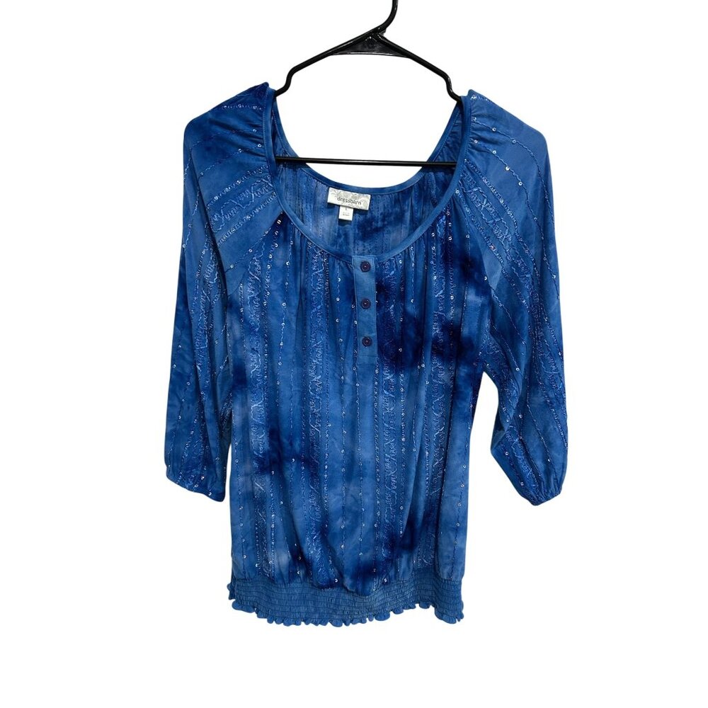 Dressbarn Womens Blue Sequin 3/4 Sleeve Stretch Blouse Size L Glam Party Top